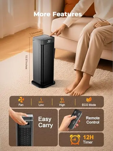 Space Heaters for Indoor Use, 1500W Portable Heater with Remote and Thermostat, 90° Oscillation, 4 Modes, 12H Timer, Overheating & Tip-Over Protection, Quiet Electric Heaters for Home, Office, Bedroom 6