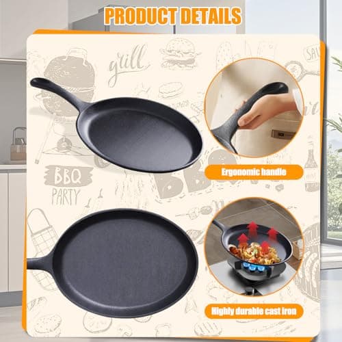 Cast Iron Fajita Skillet, Sizzler Plate with Handle, Cast Iron Pan Black, Oval Sizzling Plate, Fajita Plate for Home Party Restaurant BBQ, Steak Skillet Baking Tray, Kitchen Cooking Accessory 5