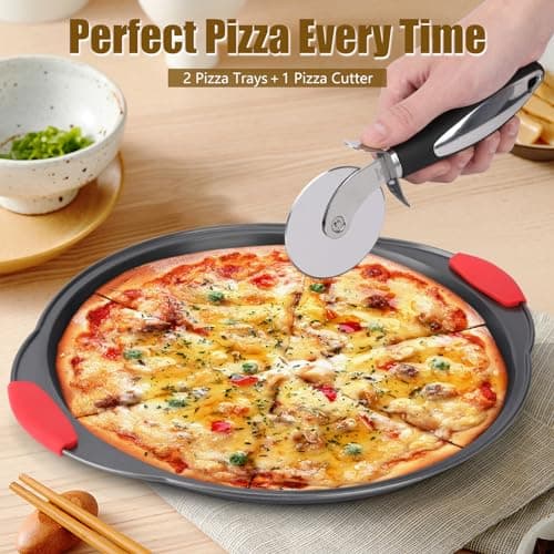 YIDAZLE Pizza Pan for Oven (2 PACK), Pizza Baking Trays with Pizza Cutter, Non-Stick Pizza Baking Pan with Perforated Holes and Silicone Handle, Oven & Dishwasher Safe Carbon Steel 7