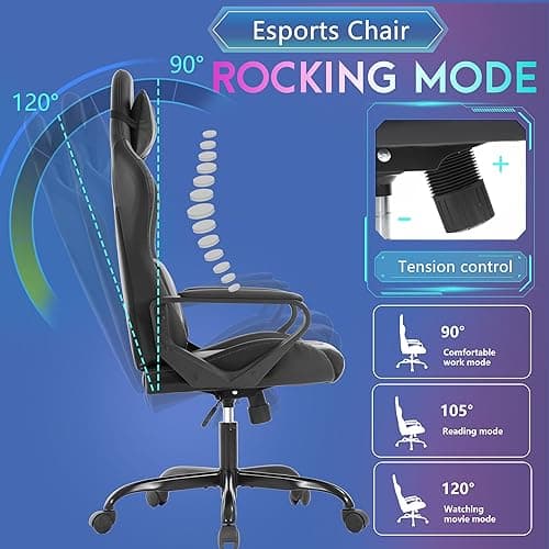 PayLessHere Ergonomic Racing Desk Chair Gaming Chair Computer Chair with Armrests 360° Swivel & Caster Pu Desk Task Chair Executive Headrest Lumbar Support for Back Pain Women Men and Adults (Grey) 5