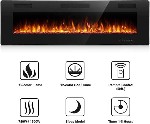 Antarctic Star 42 Inch Electric Fireplace in-Wall Recessed and Wall Mounted, Fireplace Heater and Linear Fireplace with Multicolor Flame, Timer, 750/1500W Control by Touch Panel & Remote 5