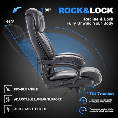 Huatean Home Big and Tall Office Chair 500LBS for Back Pain Relief, Executive Heavy Duty Office Chair for Heavy People, Breathable Leather, Ergonomic, Long Hours Sitting, Black 8