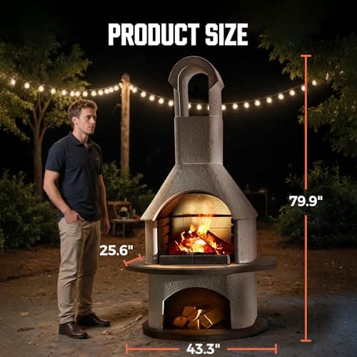 BIG HORN PRIME Concrete Outdoor Fireplace with Grill, Wood Burning Fireplace with Wood Storage and Chimney, Include Grill Rack & Charcoal Pan, 79.9”H 2