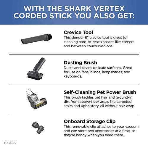 Shark | Corded Stick Vacuum Cleaner | Vertex Ultralight | Removable Handheld Vacuum | Pet Hair Vacuum for Carpet and Hard Floor | Powerful Suction | No Hair Wrap | 3 Attachments Included | HZ2002 12
