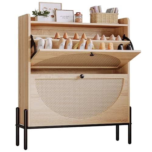 IRONCK Shoe Cabinet Storage with 2 Flip Drawers, Free Standing Wooden Shoe Storage Organizer Cabinet with Rattan Doors for Entryway, Narrow Shoe Rack Cabinet, Oak