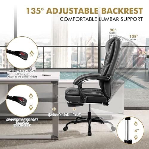 BestEra Office Chair, Big and Tall Executive Office Chair with Foot Rest Ergonomic Office Chairs Home Office Desk Chairs Reclining High Back Leather Chair with Lumbar Support (Black) 5