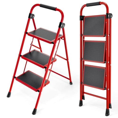 KINGRACK Step Ladder, 3 Step Ladder with with Anti-Slip and Wide Pedal,Portable Foldable Step Stool with Handgrip,Tall Sturdy Step Ladder for Home Kitchen Household,Red