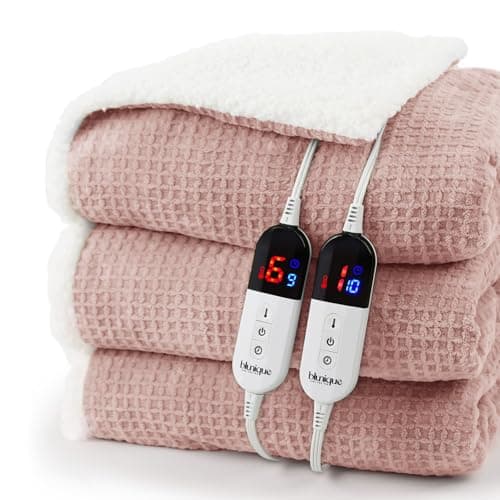 blunique Heated Blanket Electric Blanket Queen Waffle, 84x90 Inches Dual Controllers Sherpa Fleece Fast Heating Blanket 6 Heating Levels & 10 Hours Auto Off ETL Certification, Pink Queen