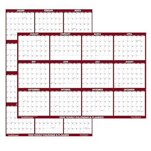 24" x 36" SwiftGlimpse 2026 Wall Calendar, Paper Folded, 12 Month Annual Yearly Wall Planner, Reversible, Horizontal/Vertical, Maroon