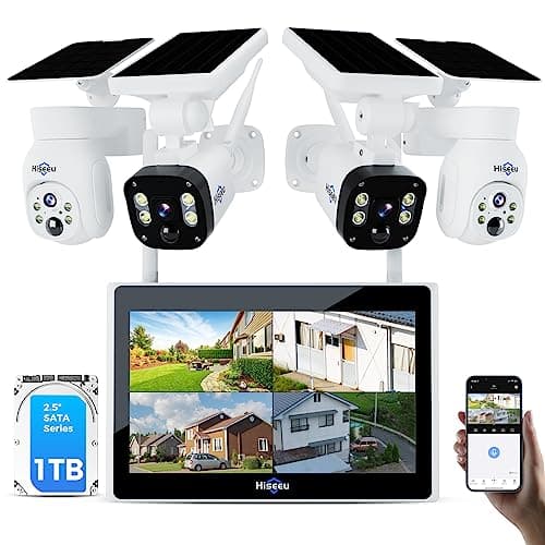 Hiseeu [1TB HDD,4MP Spotlight] Solar Home Security Camera System,PTZ Dome + Bullet Solar Security Cameras Wireless Outdoor,10CH 10 Inch LCD 4K NVR,Smart Human Detection,2-Way Audio,Motion Record