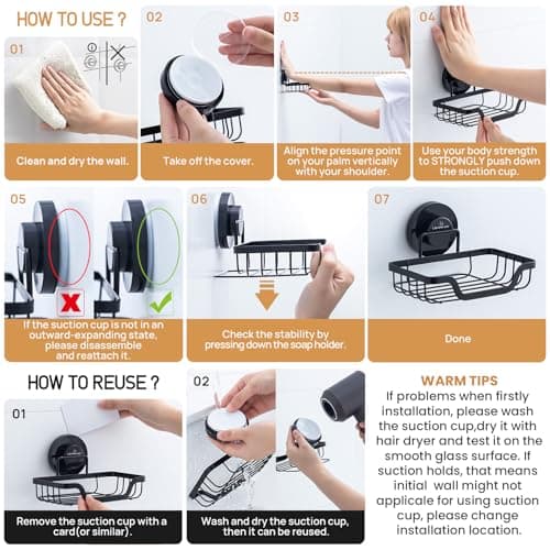 LEVERLOC Soap Dish, Soap Bar Holder for Shower Suction Cup Wall Mounted, Stainless Steel No-Drilling Removable Waterproof Sponge Holder for Bathroom Bathtub Kitchen Sink, Keep Dry, Black 5