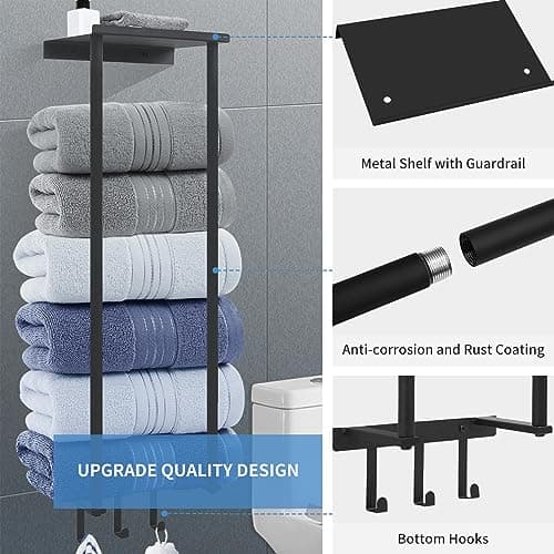 HOTNIU Towel Racks for Small Bathroom Wall Mounted, Vertical Towel Storage with Metal Shelf and 3 Hooks, Bath Towel Rack for Rolled Towels, Black Towel Holder for Large Bath Sheets Towels 5