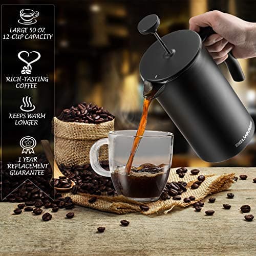 Belwares French Press Coffee Maker 50 OZ - Large Insulated Stainless Steel 304 Coffee Press with Double Wall & 4-Level Filtration System (Black - 1.5L) 5