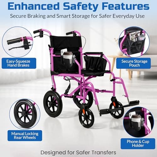 Platinum Health Hummingbird™ Ultra-Lightweight Foldable Transport Wheelchair, Handbrakes,12-Inch Rear Wheels, Extra-Wide Seat. Convenient Table-Length Padded Armrests. (Sunrise Pink) 2