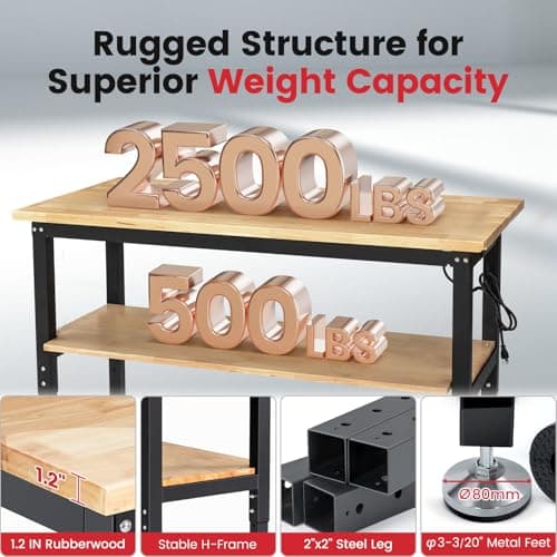ENJOYWOOD Work Table for Garage 60 Inch Workbench with Storage Adjustable Height Rubber Wood Tabletop Work Bench with Power Outlets Pegboard Pad for Cutting Wood Shop Woodworking Home Office 5