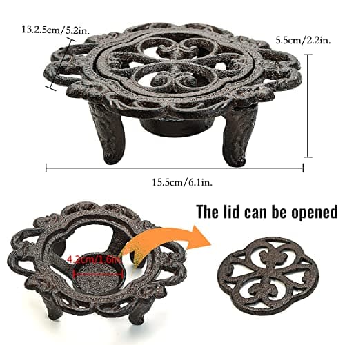 Sungmor Cast Iron Teapot Warmer Dish Cups Heater Pot Trivet - Rustic & Graceful Pattern Design with Tealight Holder - Heavy Duty & Decorative Candle Holder Stands for Heat Food Coffee Milk or Tea 6
