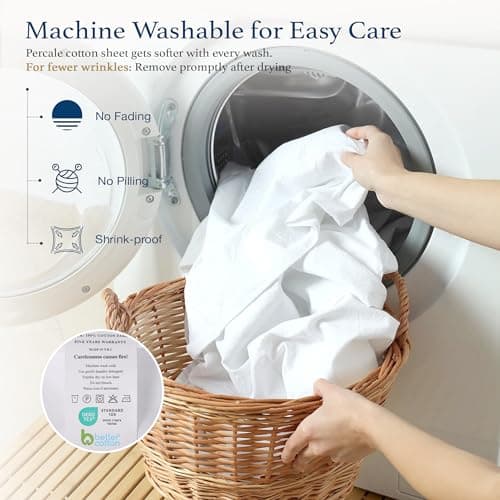 HOMTEC 100% Cotton Percale Fitted Sheet King Size, 8-15" Deep Pocket Cooling Bottom Sheet, Breathable Soft & Crisp Fitted Sheet Only with 4 Corner Straps (King, White) 6