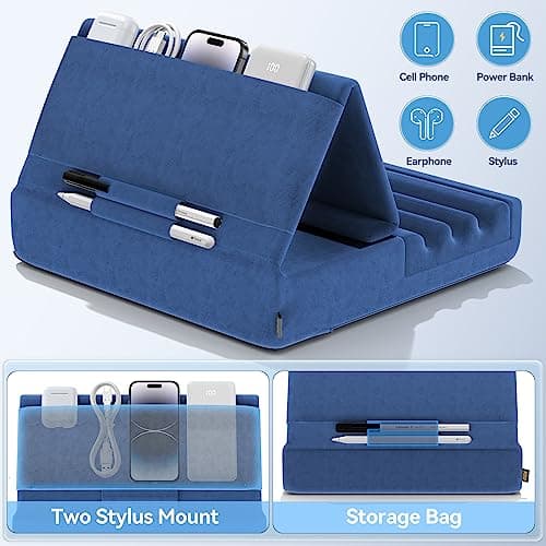 KDD Tablet Pillow Holder, Foldable iPad Stand for Lap, Bed and Desk -Tablet Soft Pad Dock with Pocket & Stylus Mount Compatible with iPad Pro 12.9, 10.5, 9.7 Air Mini 6 5 4 3, Galaxy Tab,E-Reader 5
