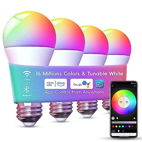 Dawwee WiFi Smart LED Light Bulb - Color Changing Bulbs App Control, 2.4Ghz Bluetooth Smart A19 Bulbs Music Sync, Magic RGB Light Bulb Compatible with Alexa and Google Assistant, E26 LED Bulb, 4 Pack