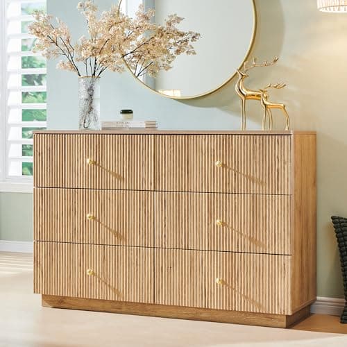 wow97e Fluted Dresser for Bedroom, 47" 6 Drawer Dressers, Wood Tall Dresser Storage Organizer, Modern Chest of Drawers with Deep Storage for Closet Hallway, Entryway, Living Room, Natural