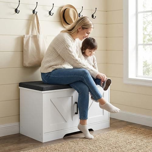 HOMSHO 2-Tier Storage Bench, 27.6" Wide Shoe Bench with Padded Seat Cushion, Entryway Bench with 2 Barn Doors and Adjustable Shelf, White 10