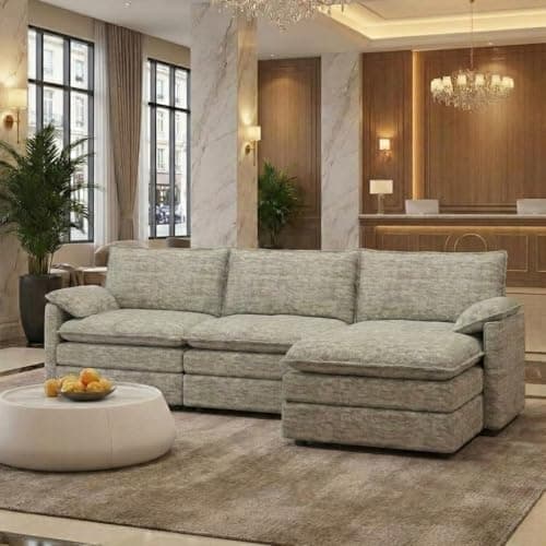 108" Modular Sectional Couch with Ottoman, Modern Comfy Cloud Couch, Chenille L Shaped Modular Sofa Deep Seat, Extra Large Sectional Sofa for Living Room, Apartment, Beige