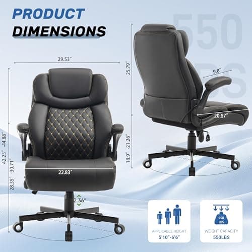 550LBS Big and Tall Office Chair, Comfy Heavy Duty Executive Chair with Adjustable Lumbar Support Double Spaces Casters, PU Leather Extra Wide Seat Ergonomic Computer Desk Chair for Back Pain, Black 2