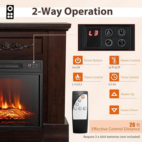 COSTWAY 32-inch Electric Fireplace with Mantel, 1400W Freestanding Fireplace Heater with Remote Control, Thermostat, 6H Timer, Adjustable 3D Flame Effect, Fireplace Mantel for Living Room, Brown 7