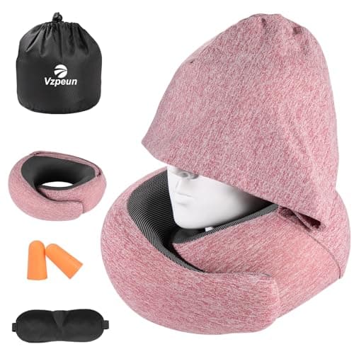 Vzpeun Travel Pillow - Hooded Neck Pillow Airplane Memory Foam Filling for Plane, Cars Sleeping, Road Trip, Long Flights, Portable Plane Accessories, Includes Eye Mask & Earplugs (Red)