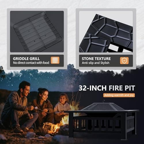 Greesum Multifunctional Patio Fire Pit Table, 32in Square Metal BBQ Firepit Stove Backyard Garden Fireplace with Spark Screen Lid and Rain Cover for Camping, Outdoor Heating, Bonfire and Picnic, Black 6
