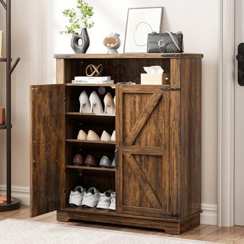 ALLSTAND 6-Tier Shoe Cabinet with Doors, Entryway Shoe Rack Wooden Shoe Storage Cabinet with Adjustable Shelves & Anti-tip Fitting, Farmhouse Shoe Cabinet Storage for Entryway, Living Room, Closet