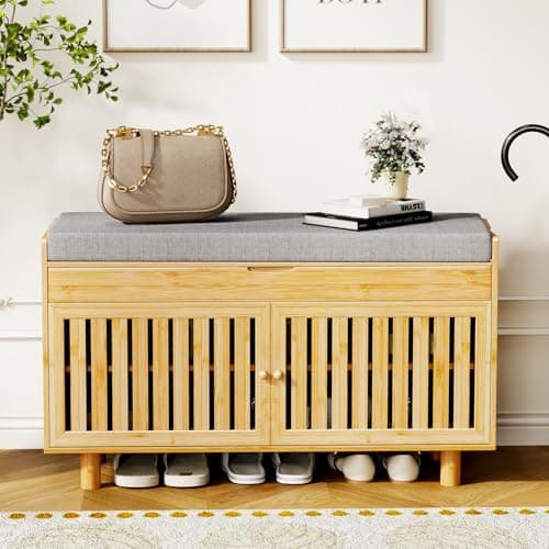 oakvivo 35.4in Shoe Storage Bench, Bamboo Entryway Bench with Lift Top Storage & Padded Seat Cushion, 2-Tier Shoe Rack Cabinet with 2 Doors for Entryway, Living Room, Bedroom, Mudroom, Natural 7