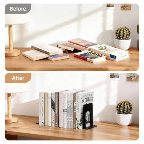 HappyHapi Book Ends, Metal Bookends for Shelves, Non-Skid Book End to Hold Books, Black Book Stopper/Holder for Office Home Kitchen, 5.7X 4.9 X 6.5 in, 3 Pair(6 Pcs, Large) 5