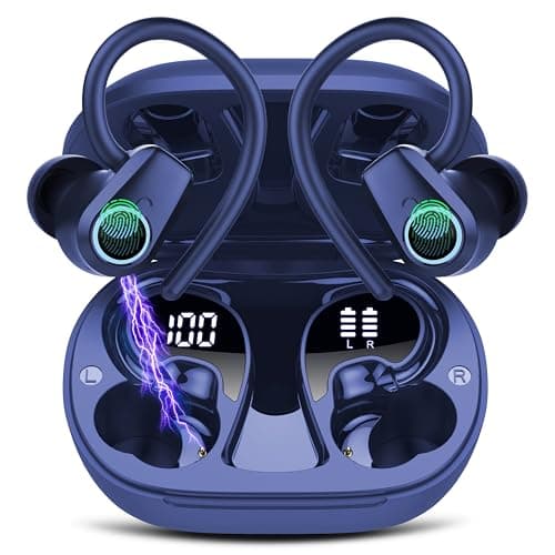 Wireless Earbuds Bluetooth 5.3 Headphones Sport, 50H Stereo Ear Buds Dual LED Display, 2025 Bluetooth Earbuds with 4 ENC Noise Canceling Mic, IP7 Waterproof Earphones with Earhooks for Running, Navy