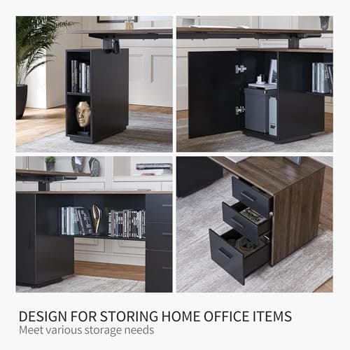 FEZIBO 63" L Shaped Standing Desk with Storage, Executive Height Adjustable Table, Deep Wood Grainy 7