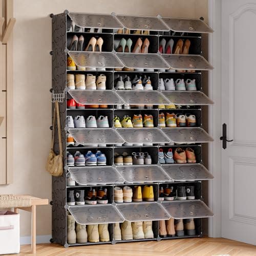 MAGINELS 72-Pairs Shoe Storage Organizer Cabinet,Portable Shoe Rack Organizer with Door,Large DIY Plastic Detachable Shoes Shelves for Entryway,Bedroom,Black