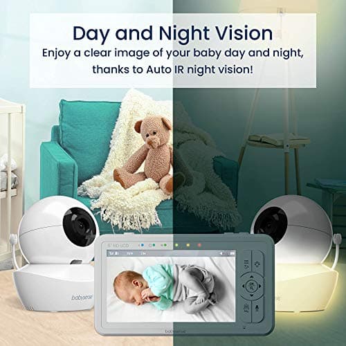 Babysense 5" HD Split-Screen Baby Monitor, Video Baby Monitor with 2 Cameras and Audio, Night Light, 1000ft Range, Two-Way Audio, 4X Zoom, Night Vision, 4000mAh Battery 5