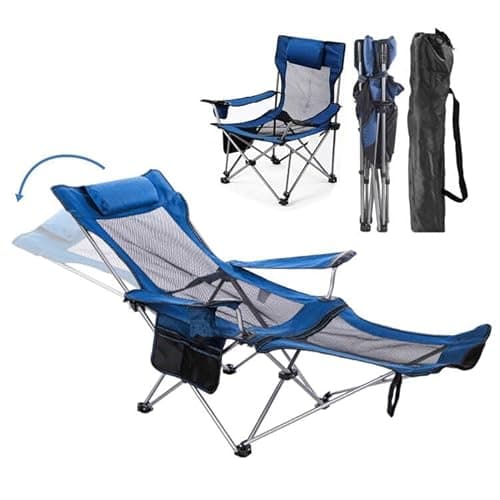 Reclining Folding Camping Chair with Removabel Footrest, Adjustable Folde Camping Chair with Foot Rest, Camp Lounge Outdoor Beach Chair, Mesh Reclining Design, with Pillow Cup Holder, Blue Mesh