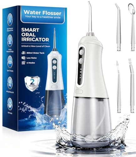 Water Dental Flosser Pick for Teeth, Cordless Oral Irrigator Cleaner 350ML IPX7 Waterproof Rechargeable, 4 Modes 4 nozzles, Portable Professional Flossing for Cleaning Gum Care Braces Home Travel