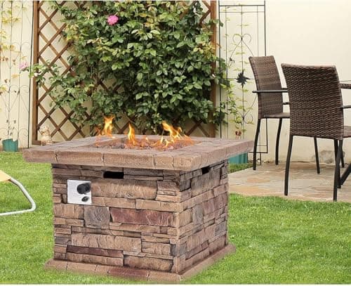 HOMPUS Outdoor Propane Fire Pit Table 32-inch Imitation Stone Square Concrete Propane Fire Pit with Lava Rocks and Rain Cover 50,000 BTU Gas Smokeless Fire Pits for Outside Patio,Garden, CSA Certified
