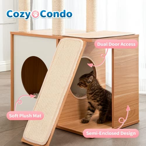 Made4Pets Cat Tree for Indoor Cats, Modern Cat Tower Tall for Large Cats Kitten, Wood Kitty Condo Climbing Furniture Heavy Duty, Vesper Cute Castle with Scratching Post and Ramp 7
