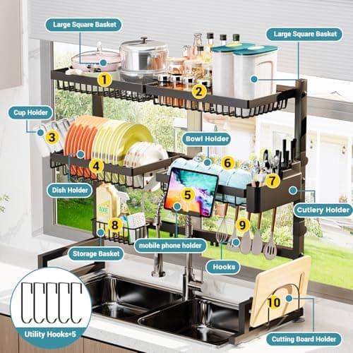 ADBIU Over The Sink Dish Drying Rack (Expandable Height and Length) Snap-On Design 2 Tier Large Dish Rack (27-40L x 12W x 32.5-37H (inches)) 6