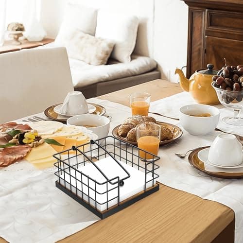 Homode Napkin Holder for Table, Farmhouse Napkin Holders for Paper Napkins, Flat Napkin Basket with Weighted Arm, Wood Kitchen Napkin Dispenser, Rustic Brown and Black 7