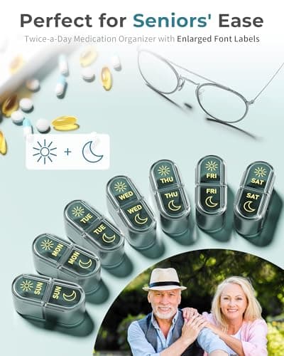 Pillex Pill Organizer 2 Times a Day, AM PM Pill Box 7 Day, Weekly Medicine Organizer with Large Capacity, Travel Pill Case for Medication, Vitamins, Fish Oils, Supplements (Easy to Use, Portable) 9