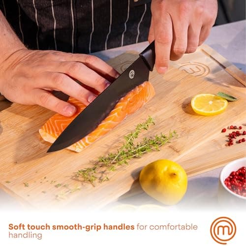 MasterChef Knife Set with Block, 6 Kitchen Knives and a Universal Knife Holder, Extra Sharp Stainless Steel Blades for Precise Cutting with Non Stick Coating & Soft Touch Easy Grip Handles, Black 6