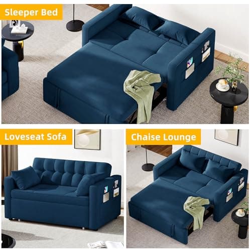 YITAHOME 55" Convertible Sofa Bed, 3-in-1 Sleeper Sofa with Pull-Out Bed, Cat-Scratch-Proof Fabric Futon Couch with Reclining Backrest and Side Pocket, Loveseat for Living Room, Blue, Full Size 6