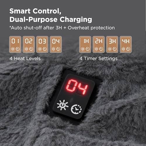 Bedsure Portable Heated Wearable Blanket Hoodie - Faux Cashmere Electric Blanket with 20000mAh Battery Pack, Cordless USB Heated Throw, Winter Gifts for Women, 4 Heat Levels & 4 Timers, 22"x43", Grey 6