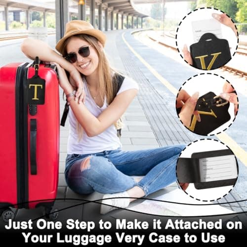 Personalized Initial Luggage Tags for Suitcases,Leather Letter Cute Luggage Tags with Privacy Name Card,Embroidered Monogrammed Travel Bag Backpack Tag Gifts for Women Kids Girls Teens(Black-A) 5