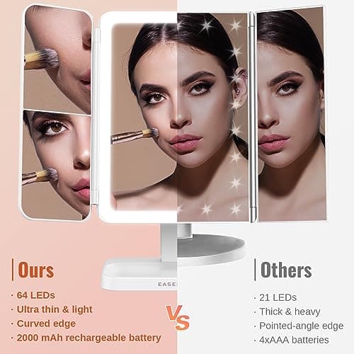 EASEHOLD Lighted Makeup Mirror with 3X Magnification, 3 Color Lights & Touch Sensor - Rechargeable Trifold Vanity Mirror for Travel, Desk, Home Use 7