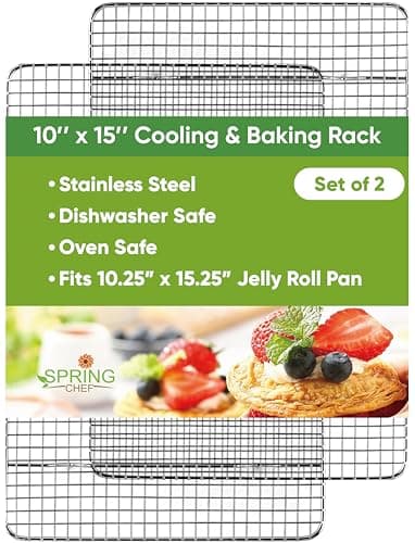 Spring Chef 10" x 15" Stainless Steel Cooling Racks for Baking - Oven Safe - Cookie Racks for Cooling Cookies - Fits Jelly Roll Pan - Perfect for Grilling, Roasting, Cooking, Drying - Set of 2